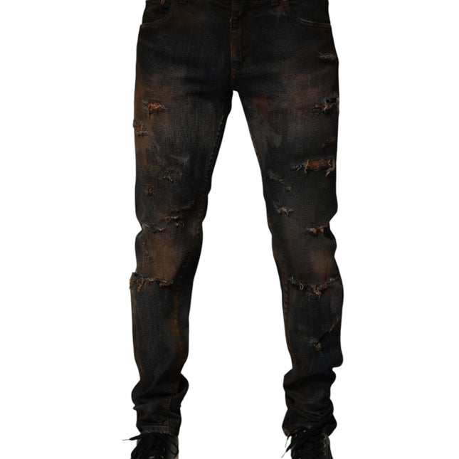 Dolce & Gabbana Black Cotton Skinny Tattered Men Denim Jeans