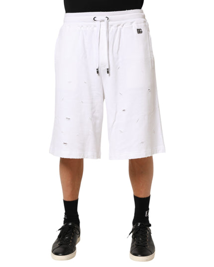 Dolce & Gabbana White Cotton Ripped Bermuda Sweatpants Shorts