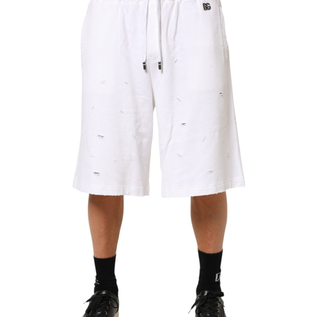 Dolce & Gabbana White Cotton Ripped Bermuda Sweatpants Shorts