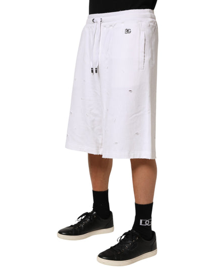 Dolce & Gabbana White Cotton Ripped Bermuda Sweatpants Shorts