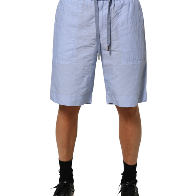 Dolce & Gabbana Light Blue Linen Mid Waist Men Bermuda Shorts