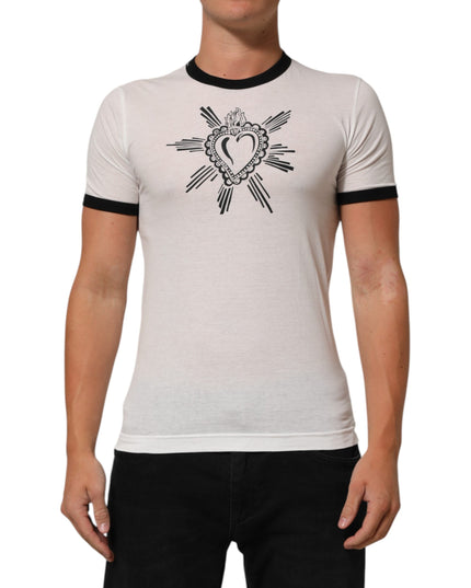 Dolce & Gabbana White Sacred Heart Cotton Crew Neck T-shirt