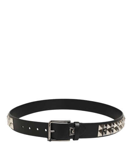 Dolce & Gabbana Black Calf Leather Studded Silver Buckle Belt