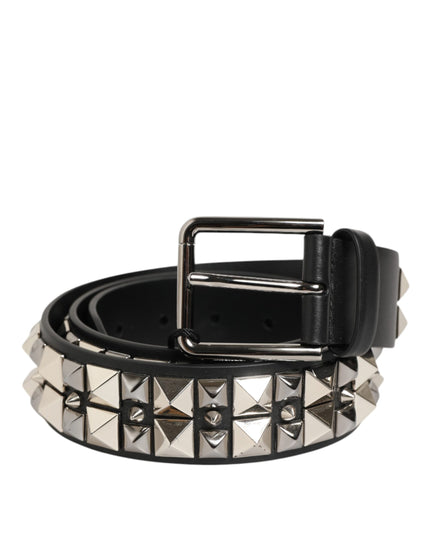 Dolce & Gabbana Black Calf Leather Studded Silver Buckle Belt