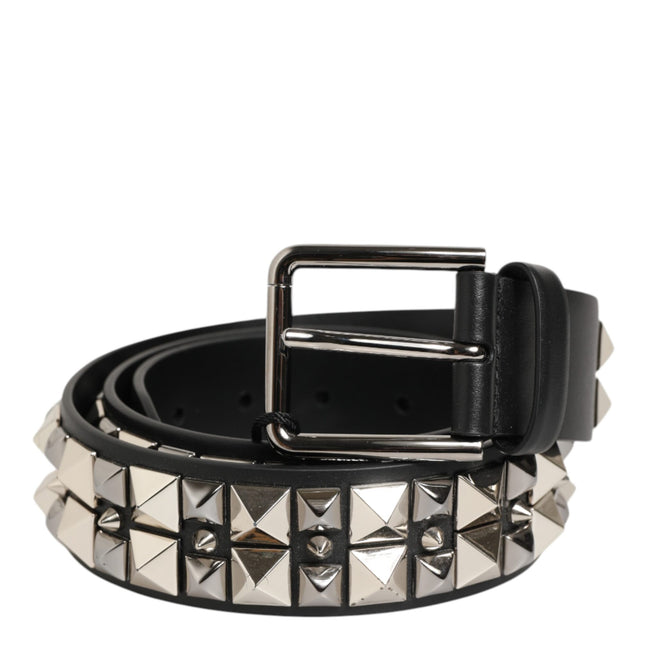 Dolce & Gabbana Black Calf Leather Studded Silver Buckle Belt