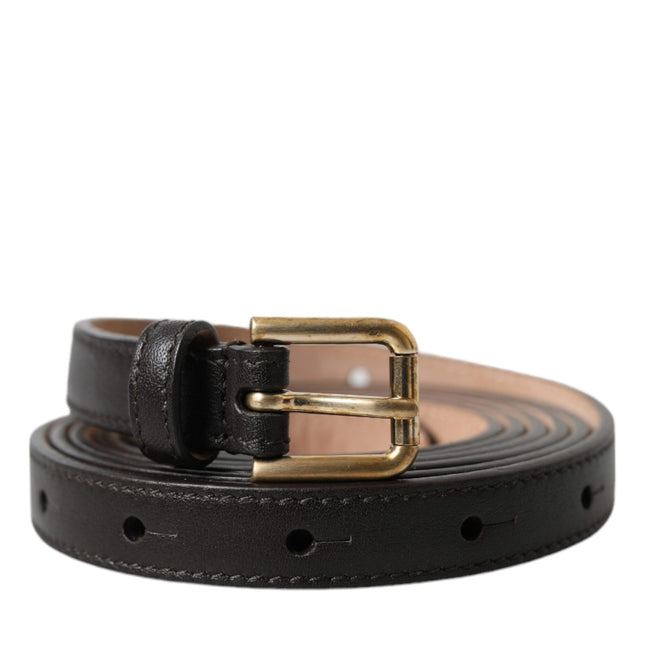 Dolce & Gabbana Black Leather Long Skinny Gold Metal Buckle Belt