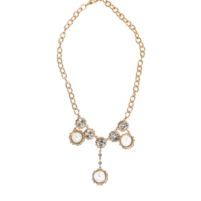 Dolce & Gabbana Gold Crystal Clock Pendant Statement Jewelry Necklace