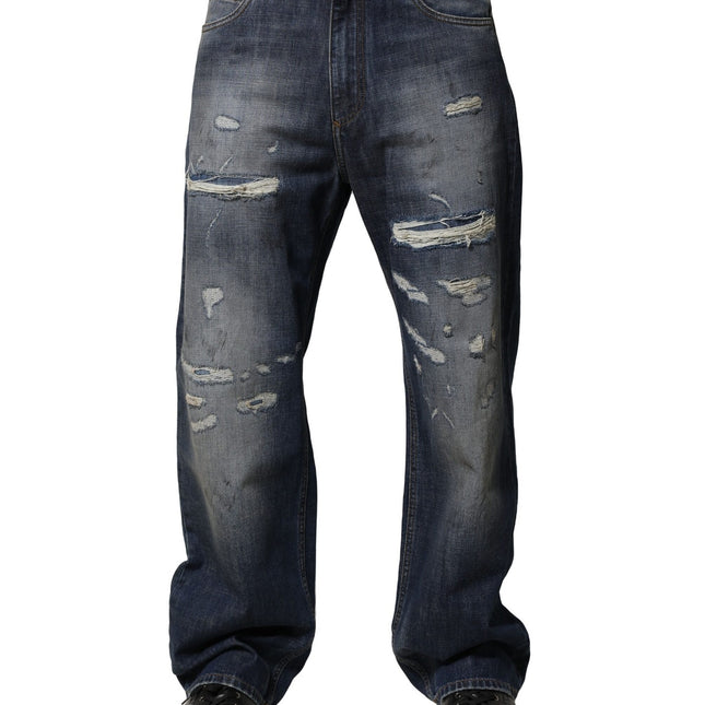 Dolce & Gabbana Blue Tattered Cotton Straight Men Denim Jeans