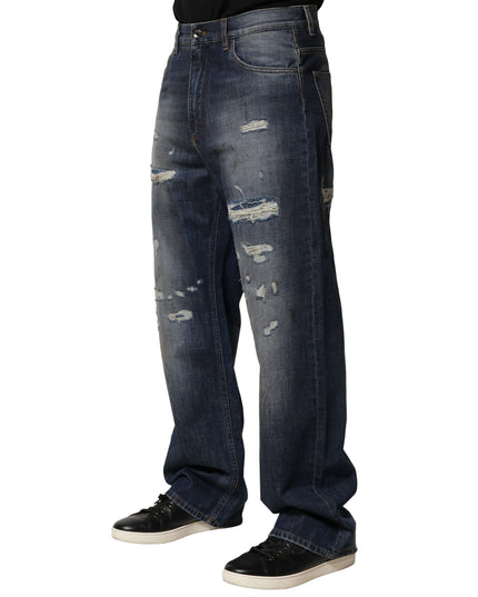 Dolce & Gabbana Blue Tattered Cotton Straight Men Denim Jeans