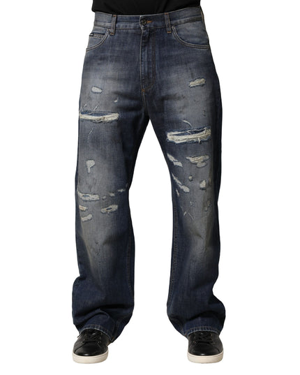 Dolce & Gabbana Blue Tattered Cotton Straight Men Denim Jeans