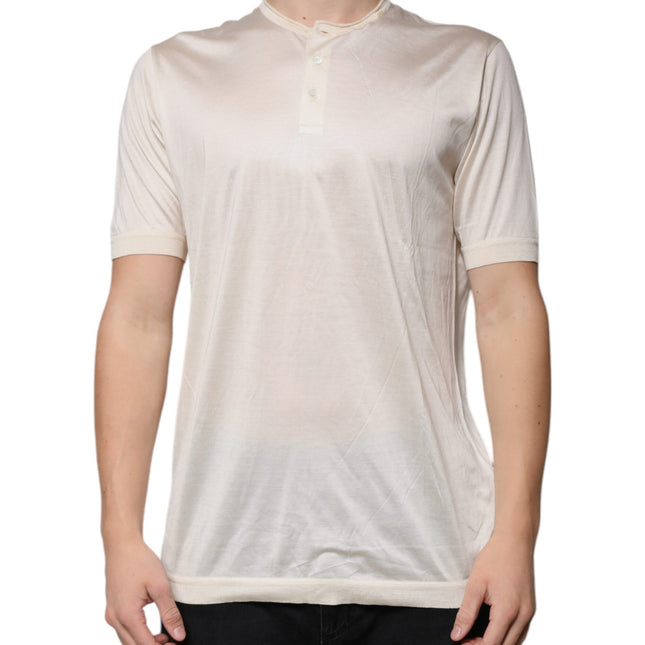 Dolce & Gabbana Off White Silk Henley Short Sleeves T-Shirt