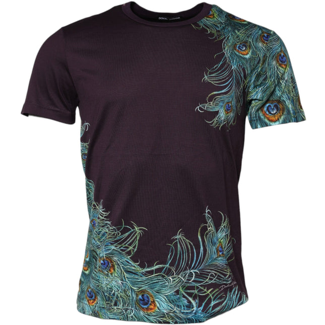 Dolce & Gabbana Violet Peacock Feather Men Crew Neck T-Shirt
