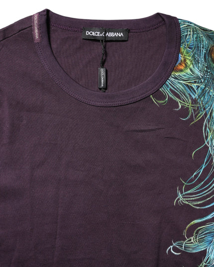 Dolce & Gabbana Violet Peacock Feather Men Crew Neck T-Shirt