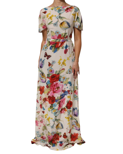 Dolce & Gabbana White Floral Print Silk Sheath LongGown Dress