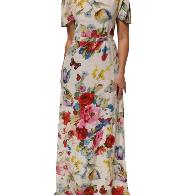 Dolce & Gabbana White Floral Print Silk Sheath LongGown Dress