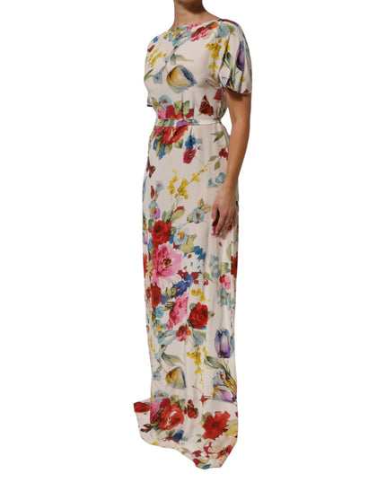 Dolce & Gabbana White Floral Print Silk Sheath LongGown Dress