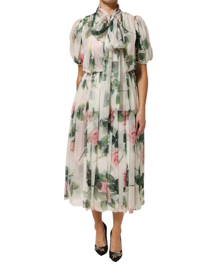 Dolce & Gabbana White Floral Print Silk Pleated Midi Dress