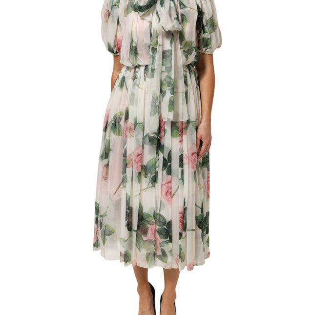 Dolce & Gabbana White Floral Print Silk Pleated Midi Dress