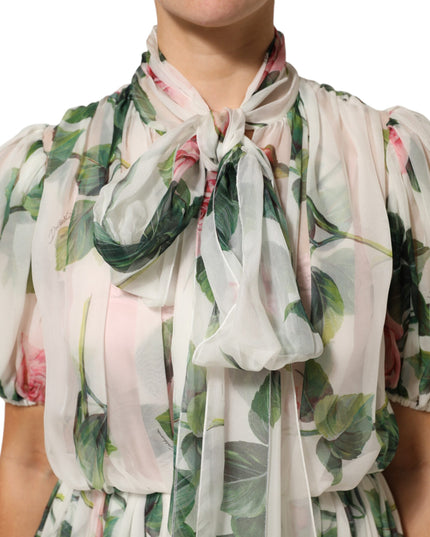 Dolce & Gabbana White Floral Print Silk Pleated Midi Dress