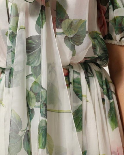 Dolce & Gabbana White Floral Print Silk Pleated Midi Dress