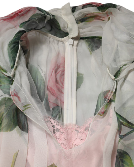 Dolce & Gabbana White Floral Print Silk Pleated Midi Dress