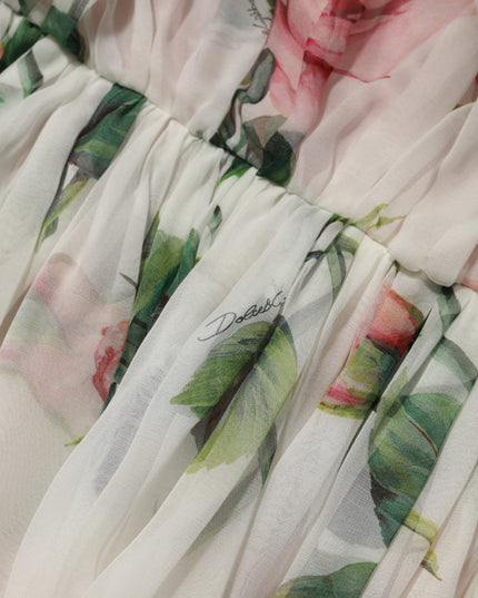 Dolce & Gabbana White Floral Print Silk Pleated Midi Dress