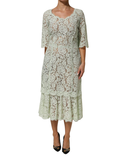 Dolce & Gabbana Mint Green Floral Lace Trim Midi Dress