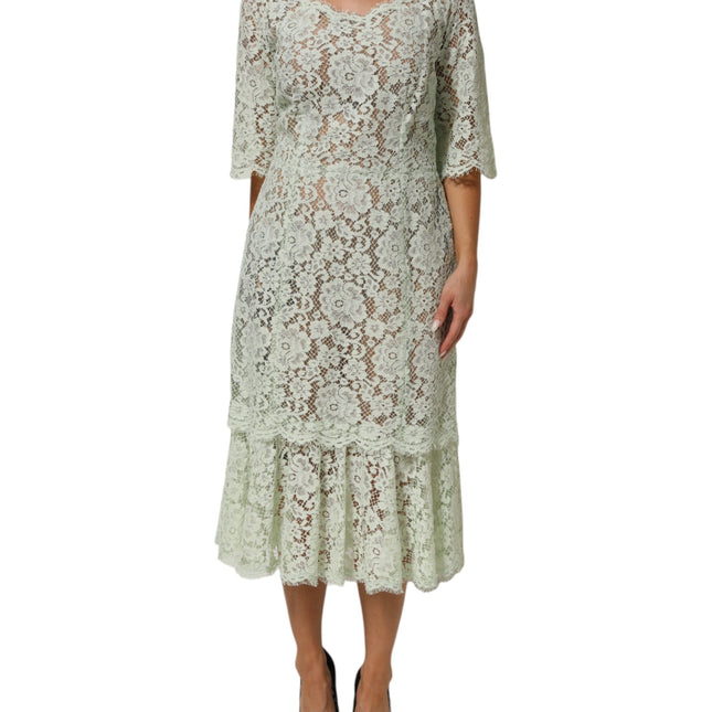 Dolce & Gabbana Mint Green Floral Lace Trim Midi Dress