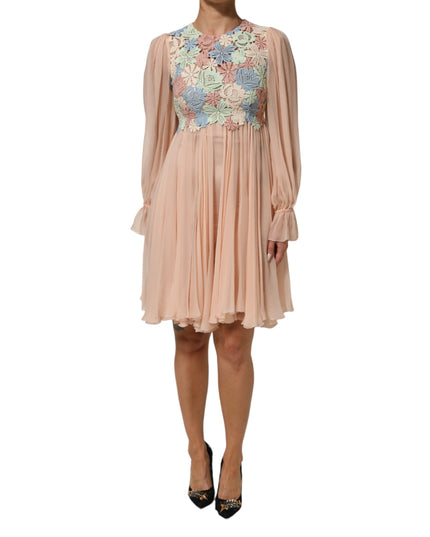 Dolce & Gabbana Pink Floral Embroidery Pleated A-line Dress