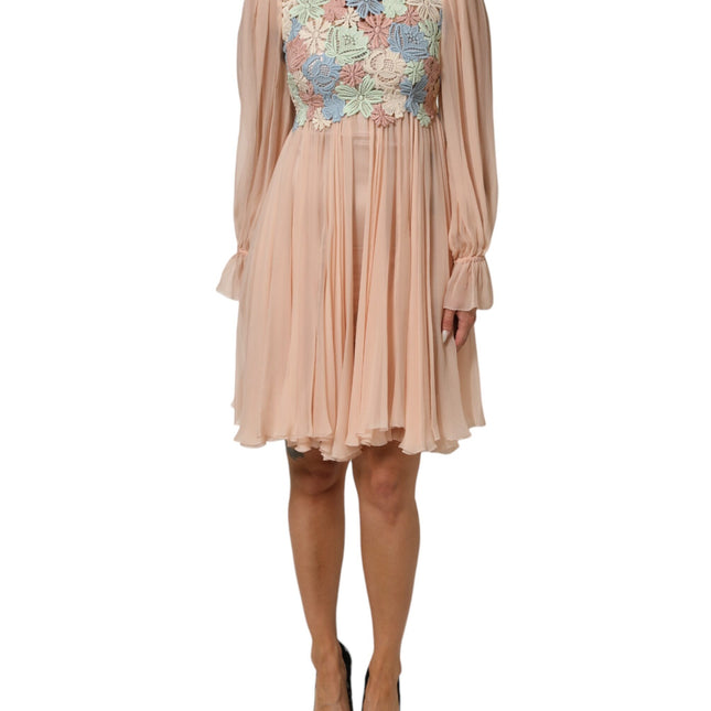 Dolce & Gabbana Pink Floral Embroidery Pleated A-line Dress