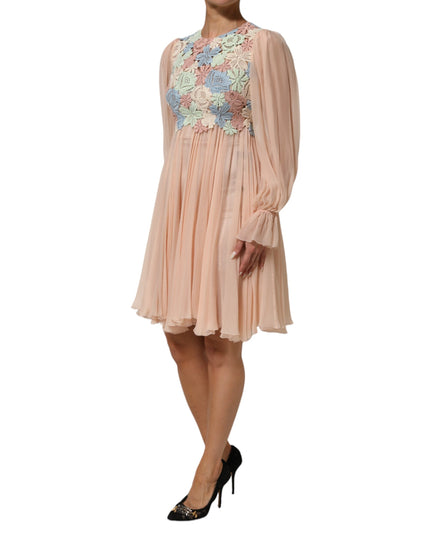 Dolce & Gabbana Pink Floral Embroidery Pleated A-line Dress