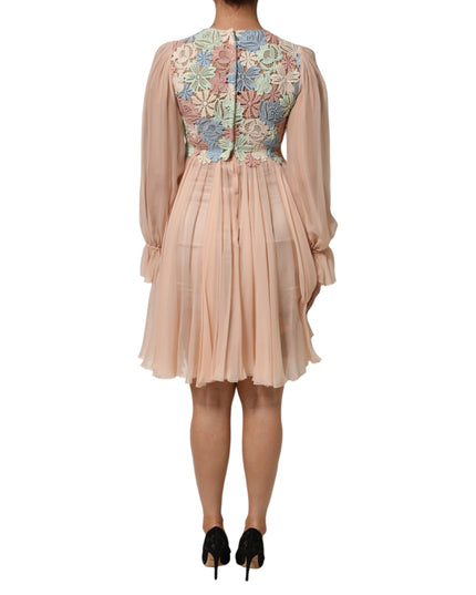 Dolce & Gabbana Pink Floral Embroidery Pleated A-line Dress