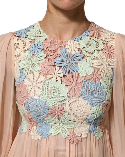 Dolce & Gabbana Pink Floral Embroidery Pleated A-line Dress