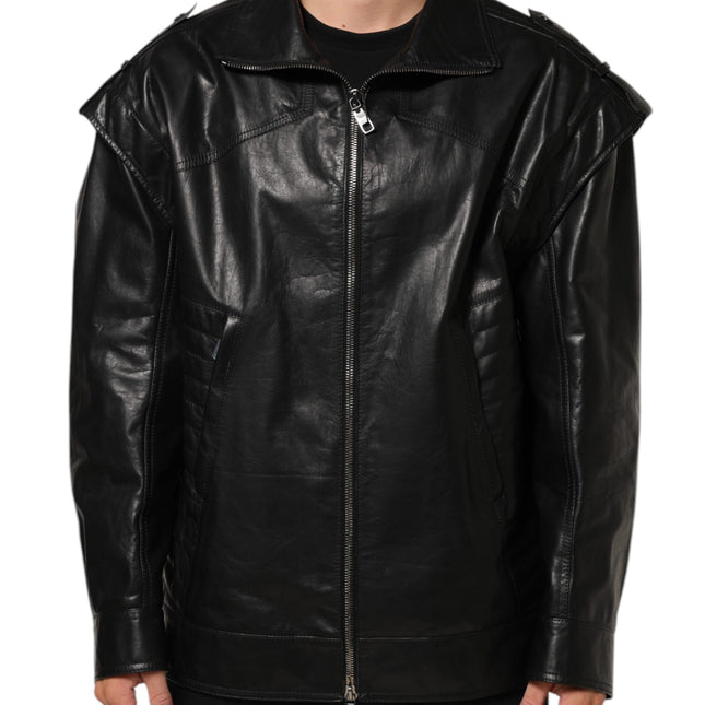 Dolce & Gabbana Black Leather Full Zip Biker Blouson Jacket