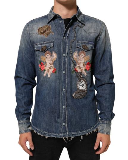 Dolce & Gabbana Blue Angel Patch Denim Buttoned Down Men Shirt