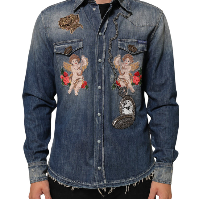 Dolce & Gabbana Blue Angel Patch Denim Buttoned Down Men Shirt