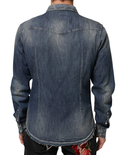 Dolce & Gabbana Blue Angel Patch Denim Buttoned Down Men Shirt