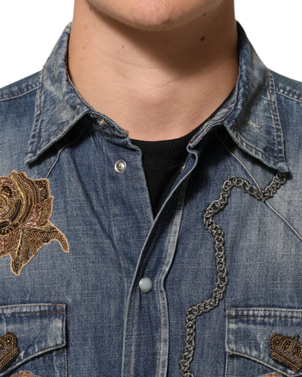 Dolce & Gabbana Blue Angel Patch Denim Buttoned Down Men Shirt