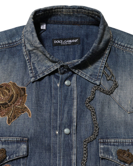 Dolce & Gabbana Blue Angel Patch Denim Buttoned Down Men Shirt
