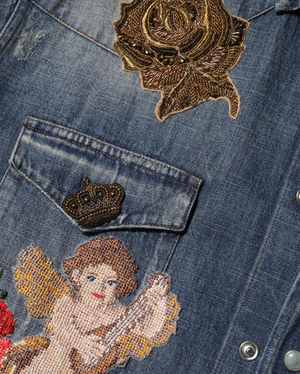 Dolce & Gabbana Blue Angel Patch Denim Buttoned Down Men Shirt