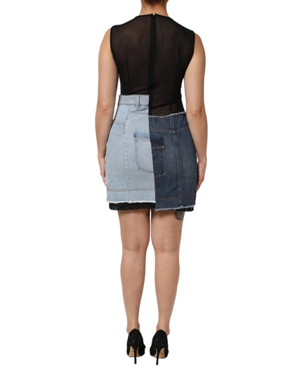 Dolce & Gabbana Blue Nylon Patchwork Denim Sheath Mini Dress