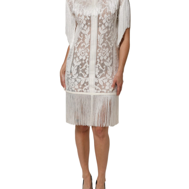 Dolce & Gabbana White Floral Lace Fringe Knee Length Dress