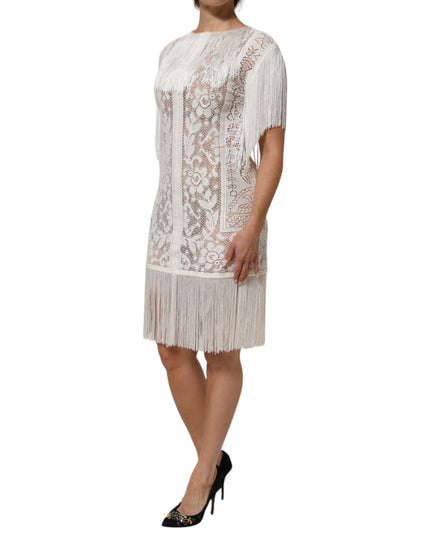 Dolce & Gabbana White Floral Lace Fringe Knee Length Dress