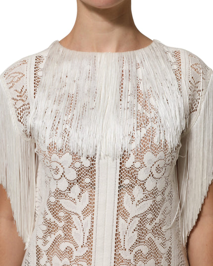 Dolce & Gabbana White Floral Lace Fringe Knee Length Dress