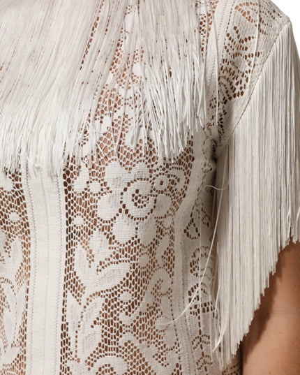 Dolce & Gabbana White Floral Lace Fringe Knee Length Dress