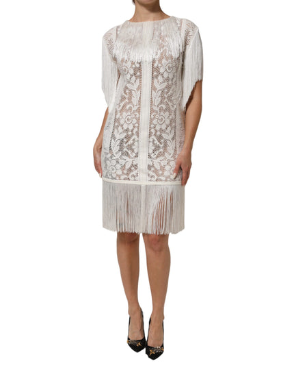 Dolce & Gabbana White Floral Lace Fringe Knee Length Dress