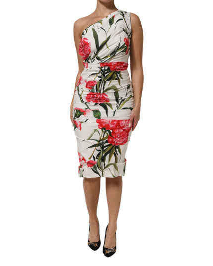 Dolce & Gabbana White Floral One Shoulder Sheath Dress