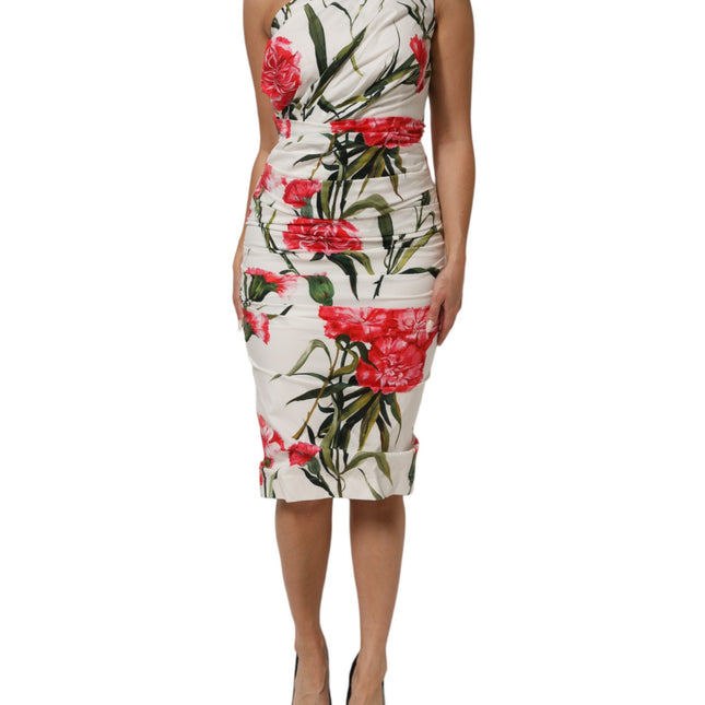 Dolce & Gabbana White Floral One Shoulder Sheath Dress