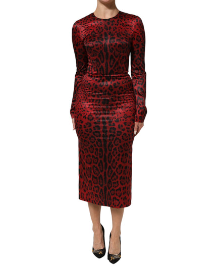 Dolce & Gabbana Red Leopard Sheath Long Sleeves Dress