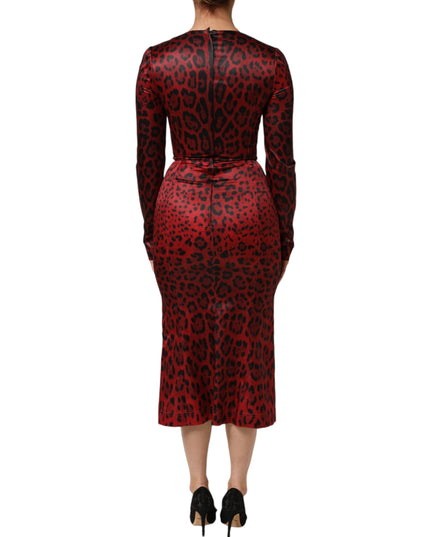 Dolce & Gabbana Red Leopard Sheath Long Sleeves Dress
